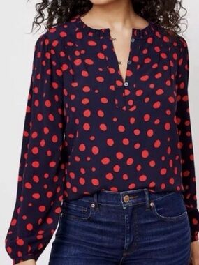 LOFT Navy Blouse with Red Polka Dot Print